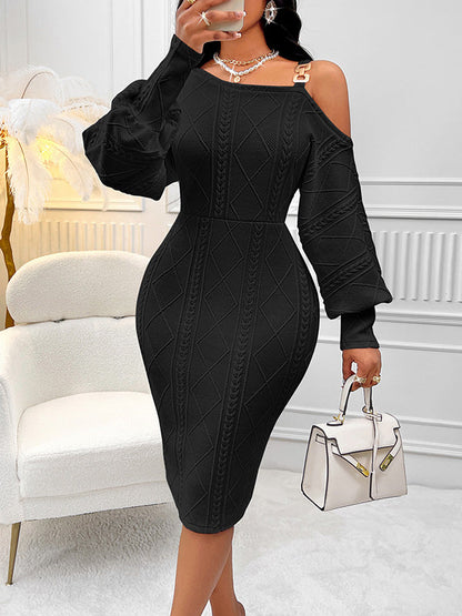 Robe mi-longue moulante à manches longues et épaules dénudées, couleur unie 