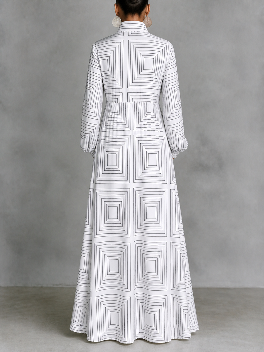 Striped Split-Joint Pockets Pleated Contrast Color Buttoned Plus Size Loose Stand Collar Maxi Dresses