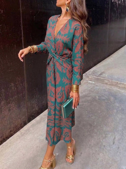 High Waisted Long Sleeves Contrast Color Knot Printed Deep V-Neck Midi Dresses