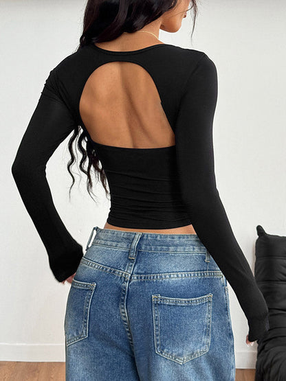 Long Sleeves Skinny Backless Pleated Solid Color Square-Neck T-Shirts Tops