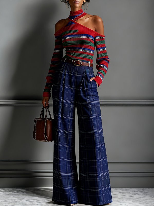 High Waisted Wide Leg No Belt Plaid Pleated Pockets Pants Trousers