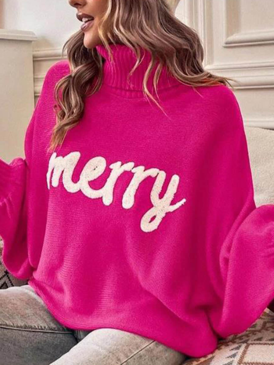 Long Sleeves Loose Contrast Color Printed Split-Joint High Neck Sweater Tops