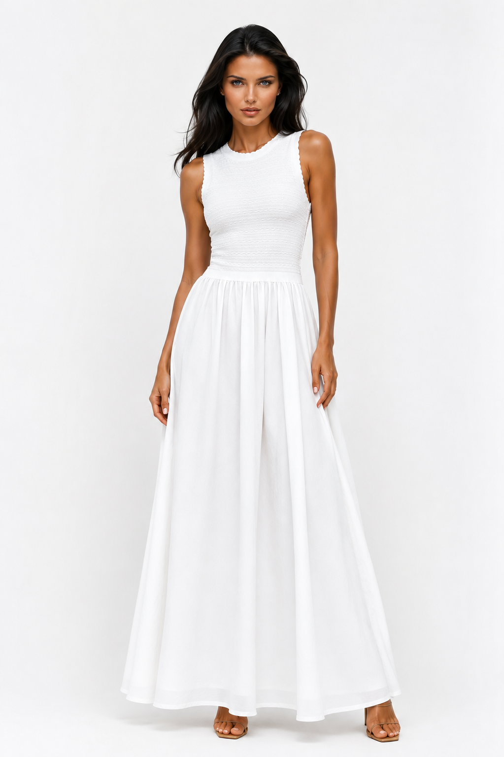 AKASYA Monaco Maxi Dress – Sleeveless Fit & Flare Textured Maxi Dress
