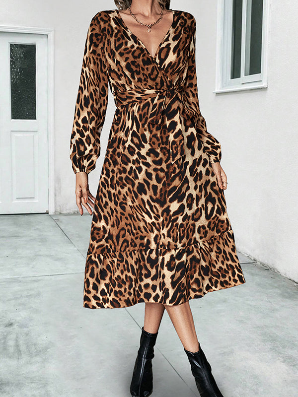 High Waisted Long Sleeves Leopard Tied Waist V-Neck Midi Dresses