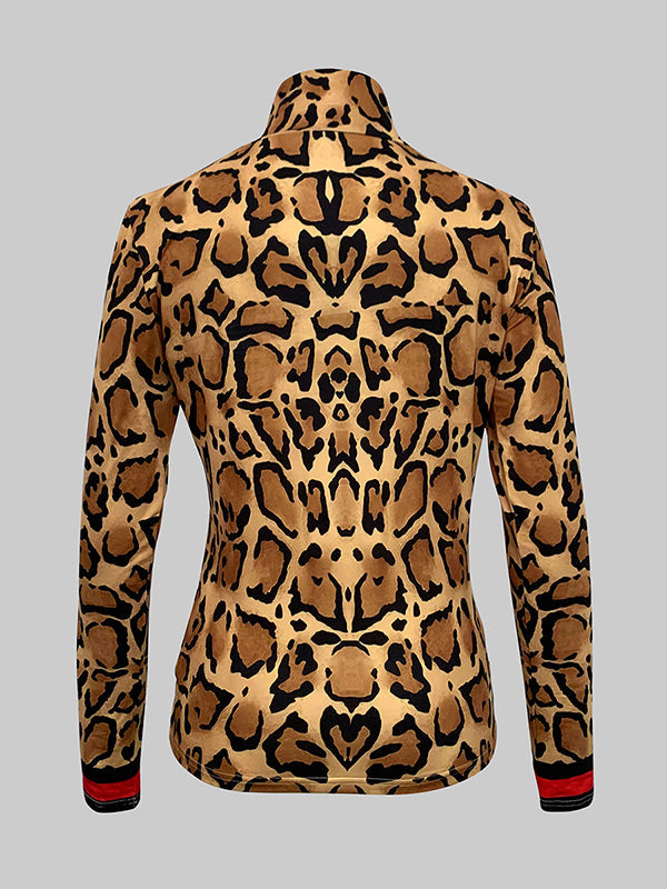 Leopard Contrast Color Skinny Long Sleeves High Neck T-Shirts Tops