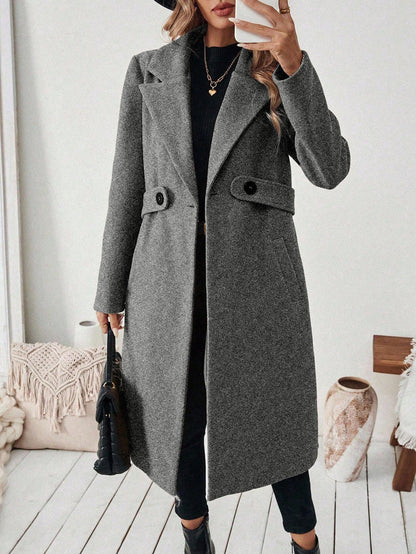 Solid Color Pockets Buttoned Loose Long Sleeves Notched Collar Woolen Coat