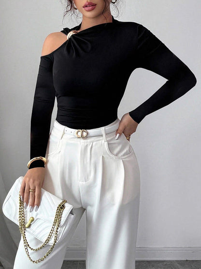 Long Sleeves Skinny Asymmetric Solid Color Asymmetric Neckline T-Shirts