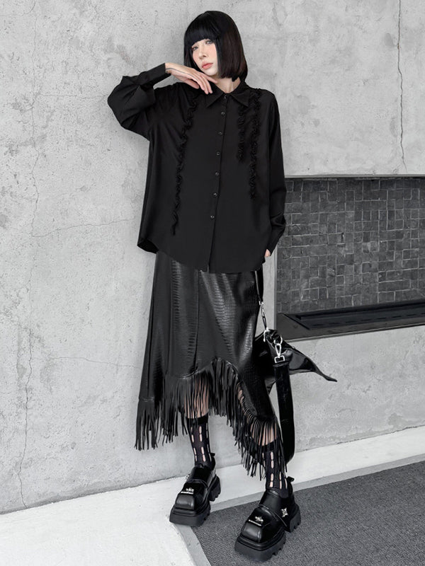 Hipster Long Sleeves Buttoned Falbala Ruffled Solid Color Split-Joint Lapel Blouses&Shirts Tops