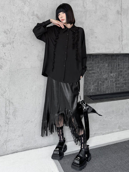 Hipster Long Sleeves Buttoned Falbala Ruffled Solid Color Split-Joint Lapel Blouses&Shirts Tops