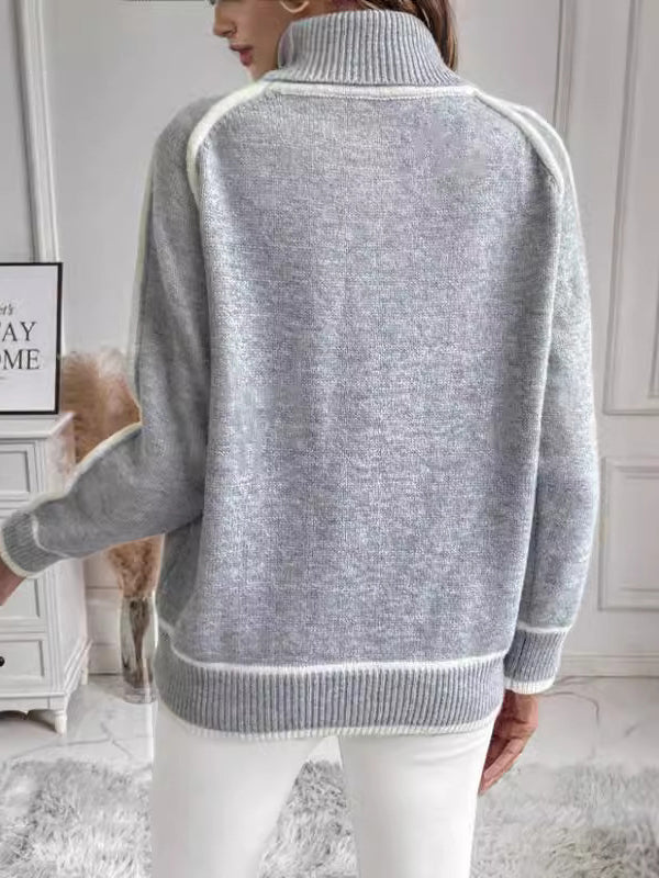 Long Sleeves Loose Contrast Color Split-Joint High Neck Sweater Tops