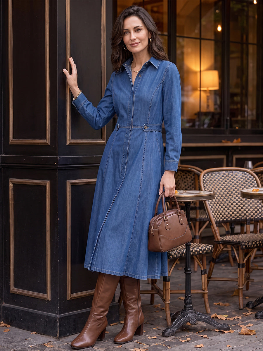 Split-Joint Solid Color Pockets Buttoned Long Sleeves High Waisted Lapel Midi Dresses