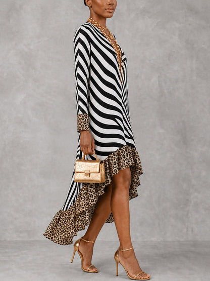Zipper Split-Joint Ruffled Printed Leopard Loose High-low V-neck Midi Dresses