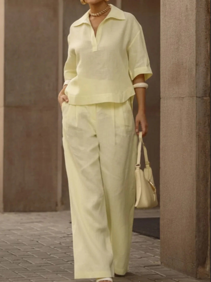 Solid Color Half Sleeves Lapel Blouses&Shirts Tops + High Waisted Pleated Trousers Pants Two Pieces Set