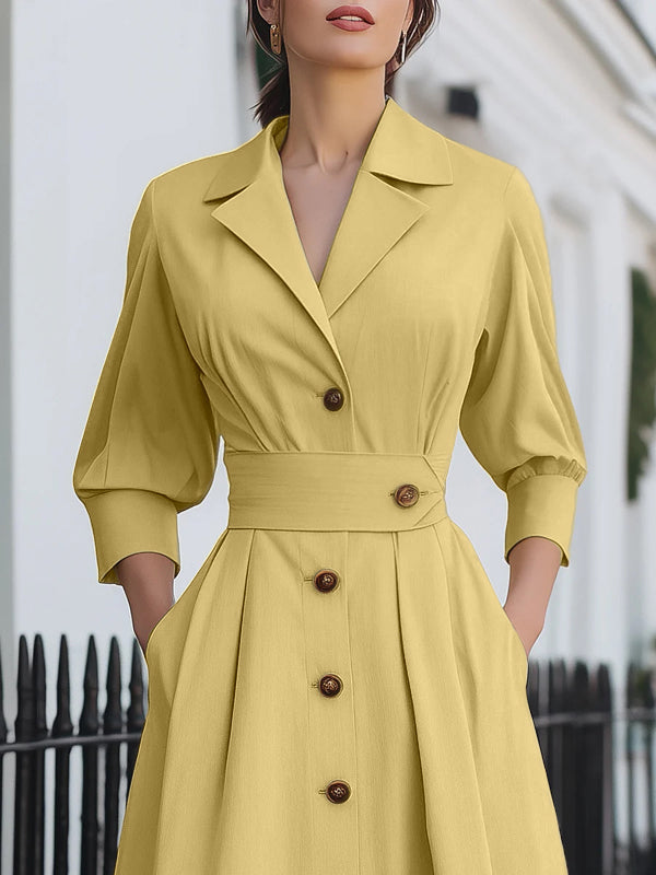 A-Line Long Sleeves Buttoned Pleated Pockets Solid Color Notched Collar Midi Dresses Shirt Dress