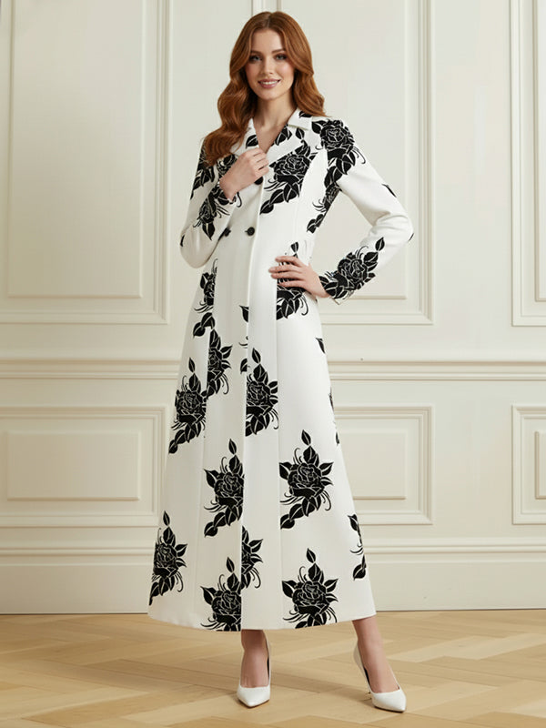 Long Sleeves Buttoned Contrast Color Double-Breasted Flower Print Pockets Lapel Overcoat