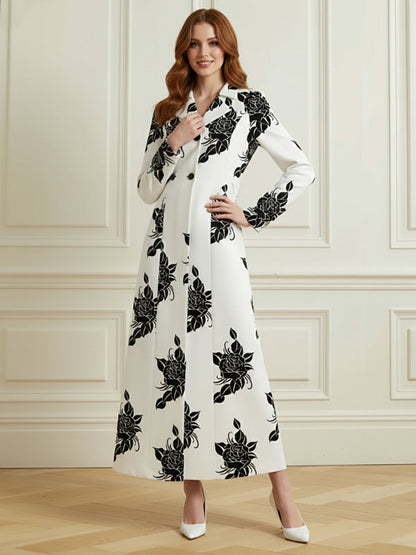 Long Sleeves Buttoned Contrast Color Double-Breasted Flower Print Pockets Lapel Overcoat