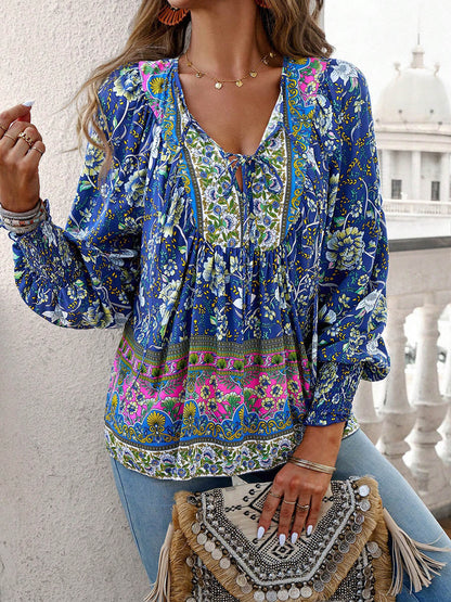 Long Sleeves Loose Contrast Color Drawstring Flower Print Pleated Split-Joint V-Neck Blouses&Shirts Tops