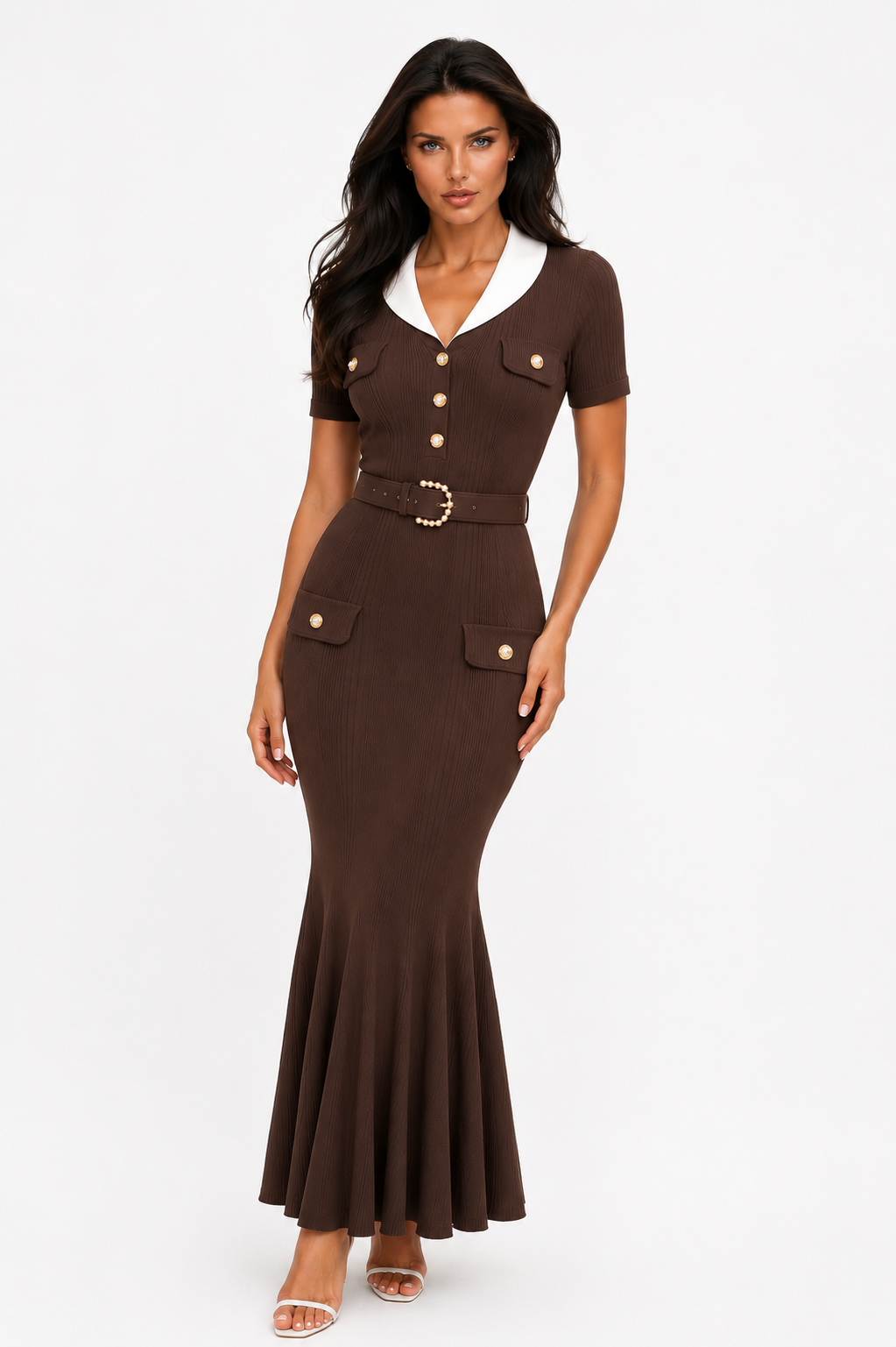 DESI Knit Belted Contrast Collar Maxi Dress with Gold Buttons