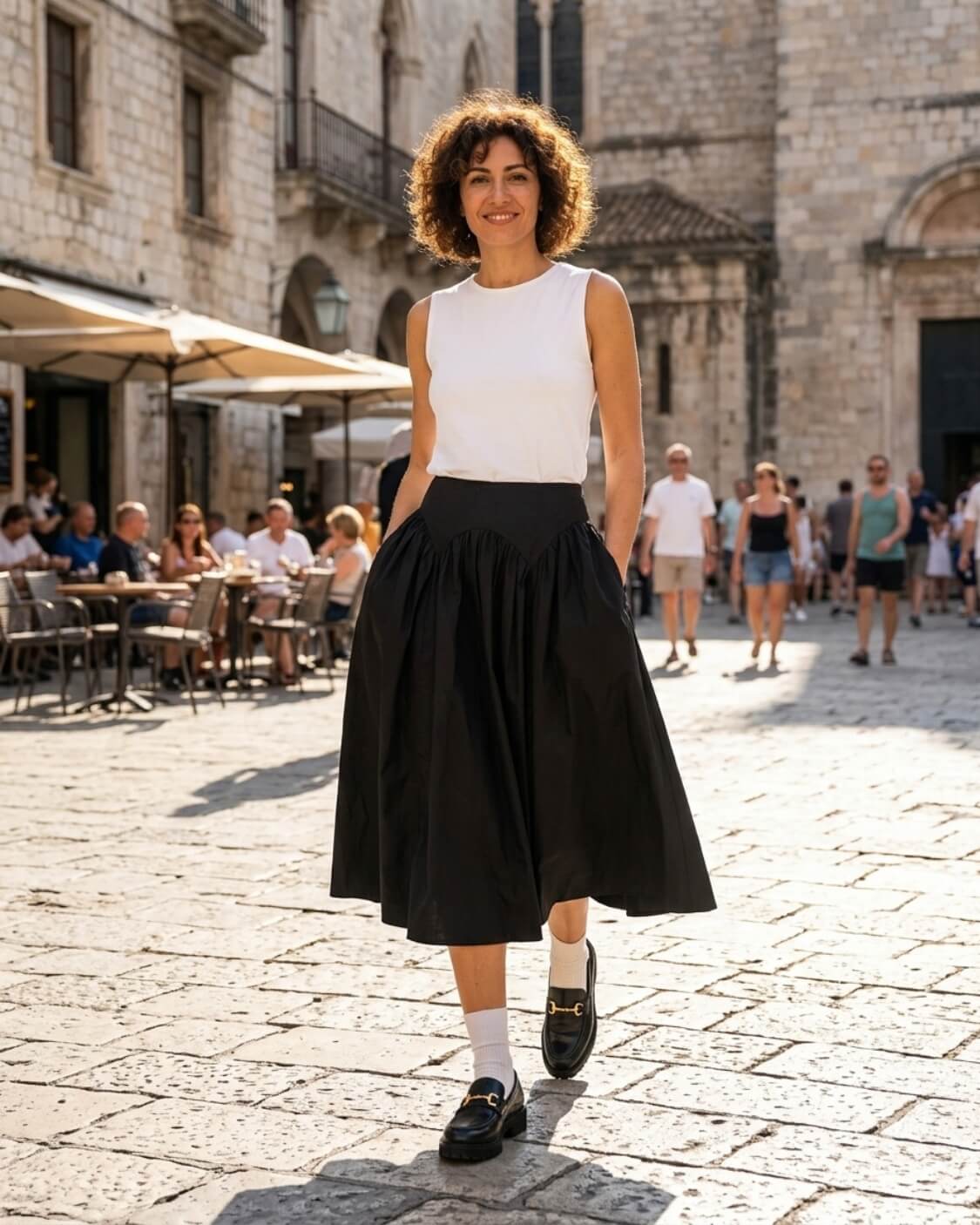Poplin Cotton Smocked Flare Midi Skirt