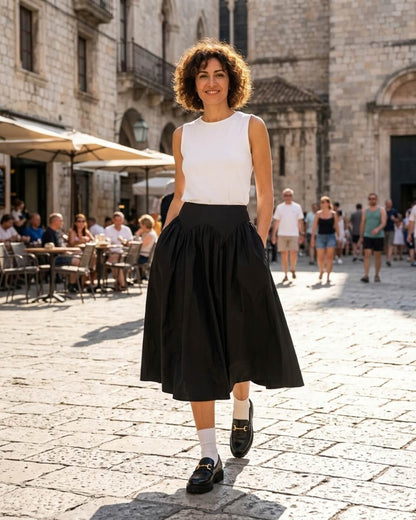 Poplin Cotton Smocked Flare Midi Skirt