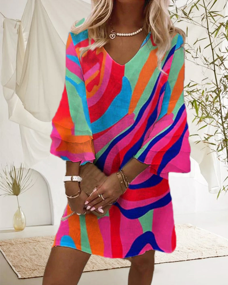 Zara | Women's Colorful Abstract Print Bell Sleeve Mini Dress
