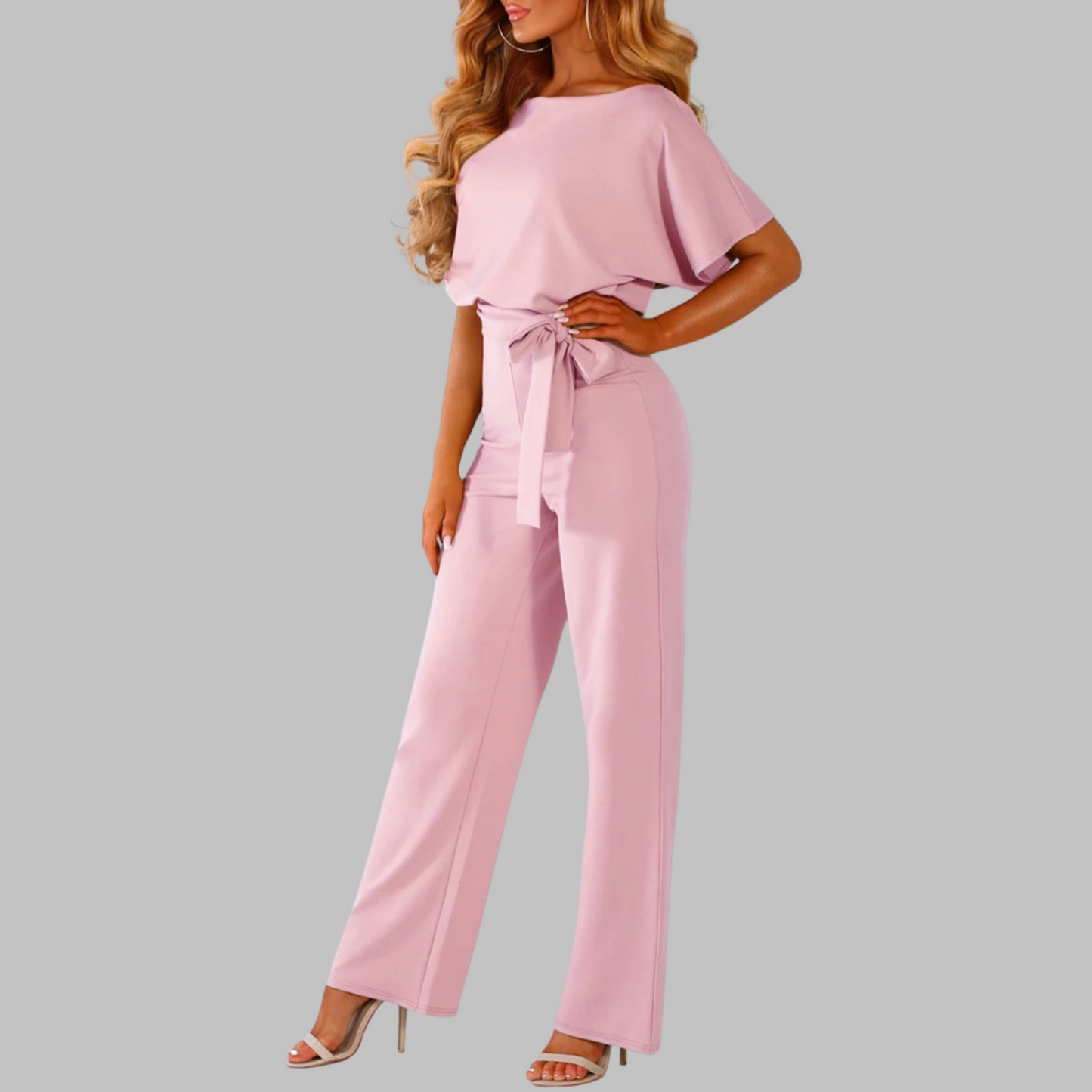 Sunny | Women's Belted Wide Leg Jumpsuit Batwing Sleeve Crewneck