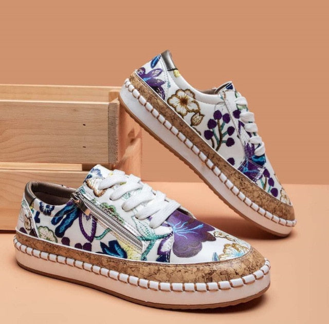 Flora | Women's Floral Embroidered Lace-Up Sneakers with Zip