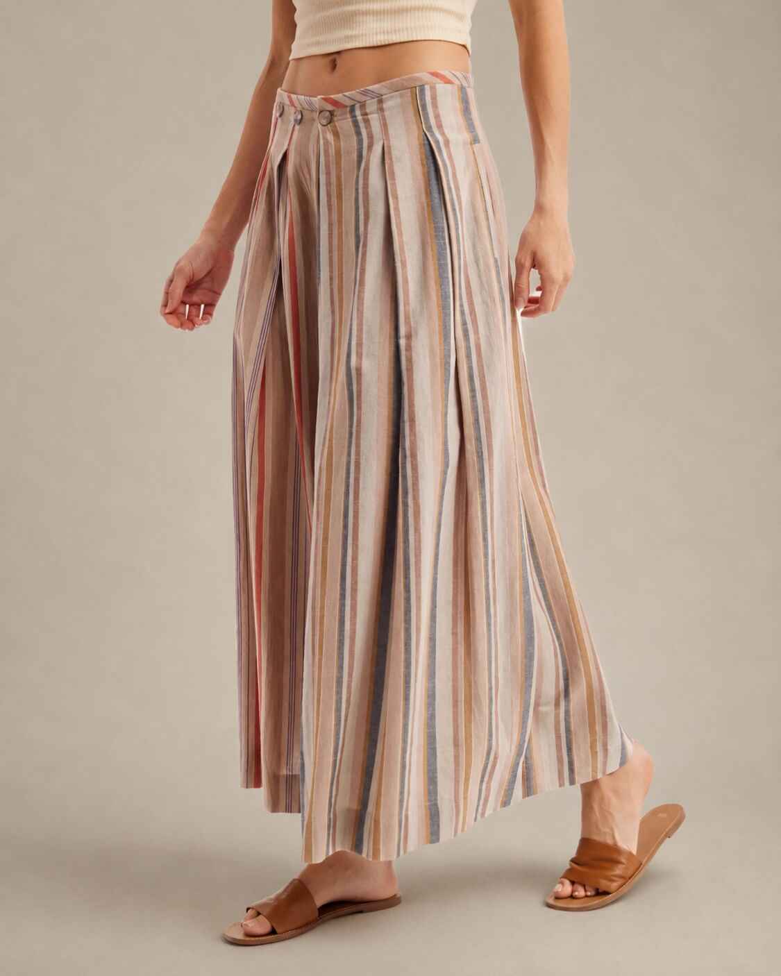 Multi-Stripe Pleated Front Wide-Leg Pants