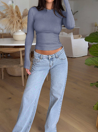 T-shirts manches longues, slim, couleur unie, col rond, fendus 