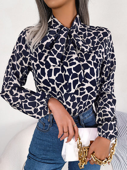 Bishop Sleeve Long Sleeves Bow-Embellished Elasticity Tied Mock Neck Blouses&Shirts Tops
