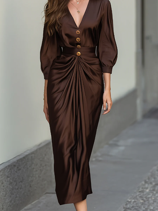 Three-Quarter Sleeves Buttoned Pleated Solid Color V-Neck Maxi Dresses