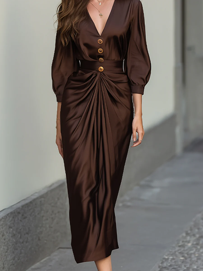 Three-Quarter Sleeves Buttoned Pleated Solid Color V-Neck Maxi Dresses