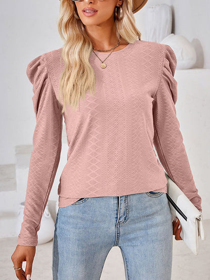 Long Sleeves Loose Pleated Solid Color Round-Neck T-Shirts Tops