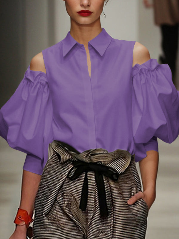 Long Sleeves Loose Pleated Solid Color Cold Shoulder Blouses&Shirts Tops