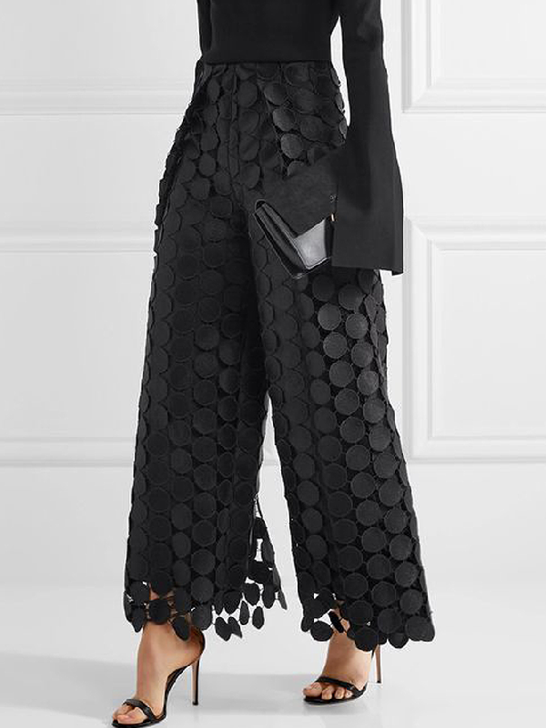Solid Color Polka Dot Hollow Wide Leg High Waisted Trousers Pants
