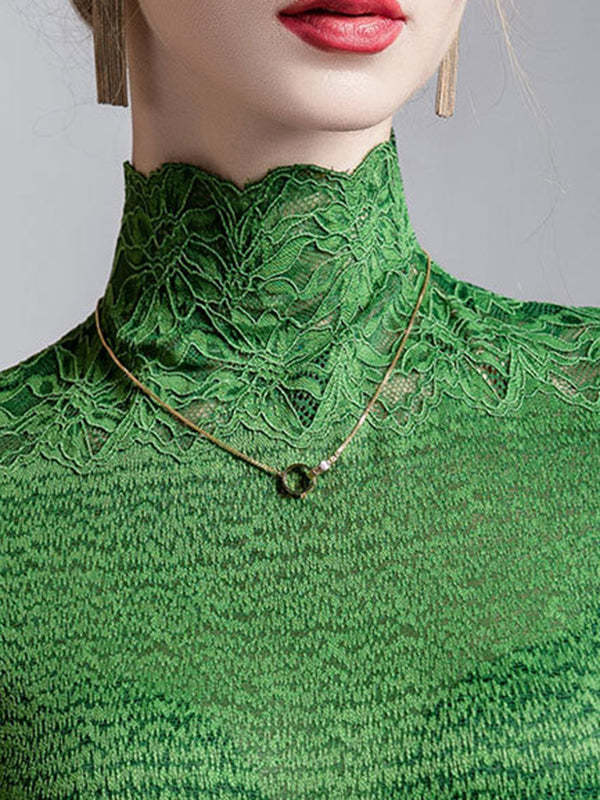 False Two Half Sleeves Slightly Sheer Split-Joint Textured High Neck T-Shirts Tops