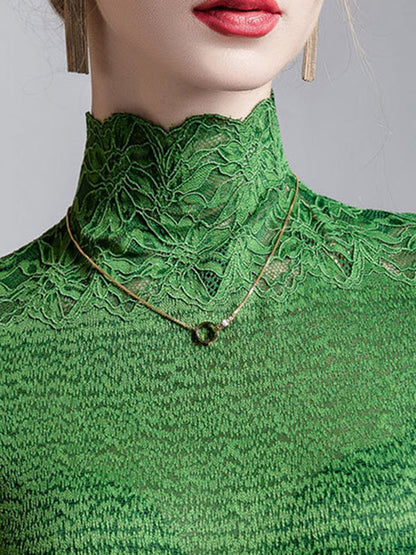 False Two Half Sleeves Slightly Sheer Split-Joint Textured High Neck T-Shirts Tops