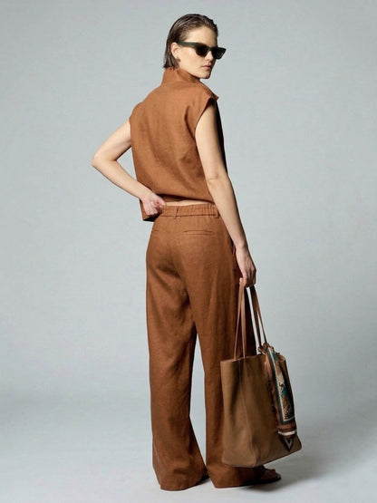 Cropped Sleeveless Buttoned Solid Color Split-Joint Stand Collar Blouses&Shirts Tops