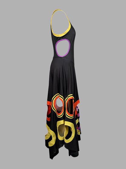 A-Line High Waisted Contrast Color Hollow Round-Neck Maxi Dresses