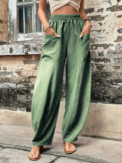 Pantalon ample grande taille avec poches élastiques et couleur unie 