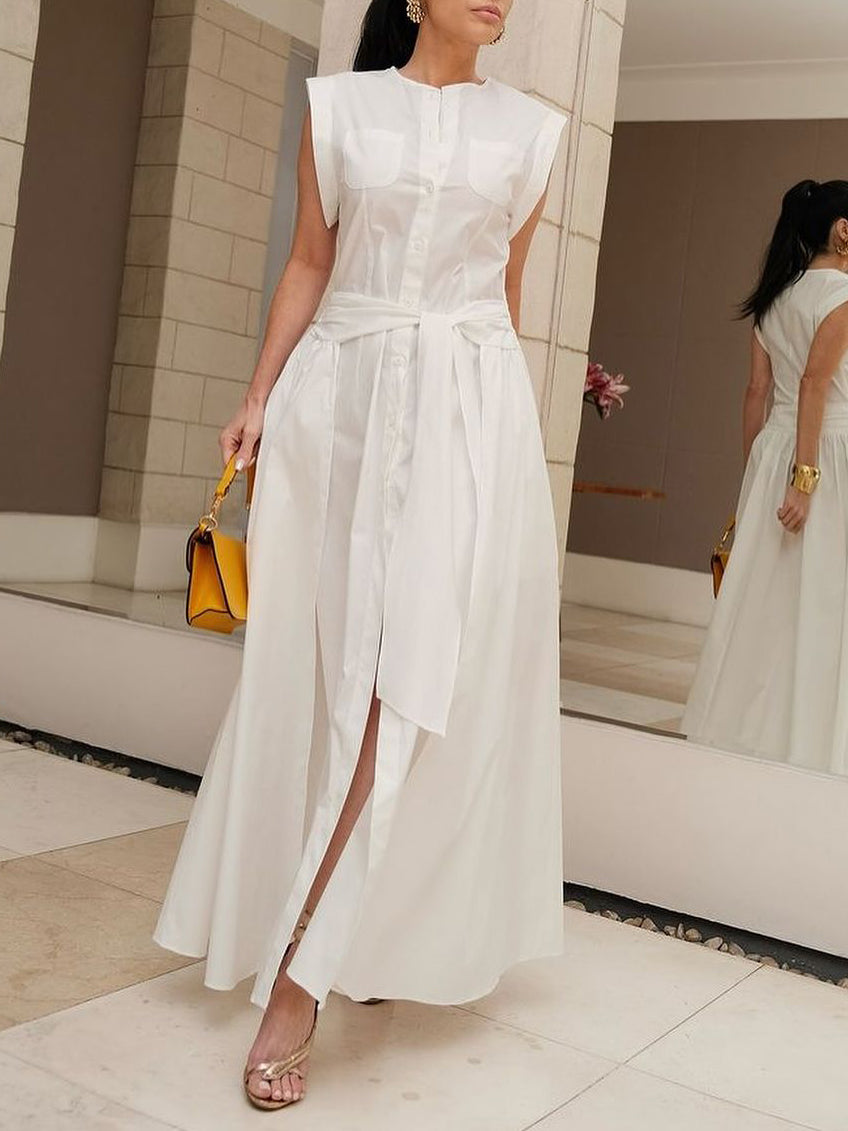 Cap Sleeve Loose Buttoned Solid Color Split-Side Tied Waist Maxi Dresses Shirt Dress