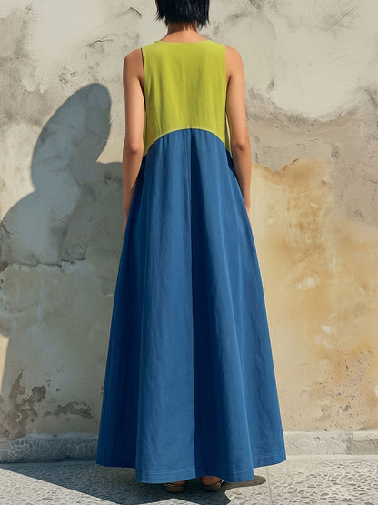 Split-Joint Pockets Contrast Color Sleeveless Loose V-neck Maxi Dresses