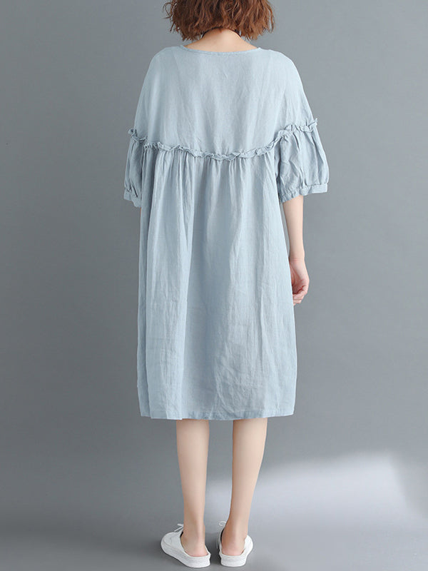 Künstlerisches Retro-Falbala-Midikleid in Volltonfarbe mit Falten 