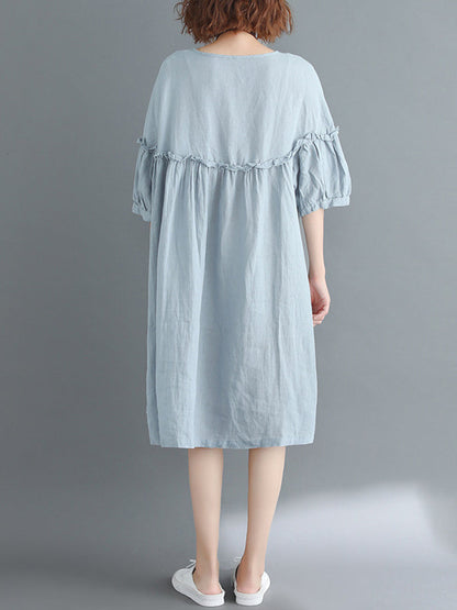 Künstlerisches Retro-Falbala-Midikleid in Volltonfarbe mit Falten 