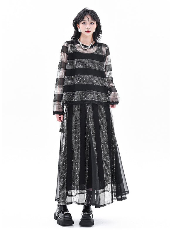 Striped Contrasting Color Elastic Round-Neck  Long-Sleeved See-Through Blouses&Shirts Tops+ Skirt Bottom Two Pieces Set