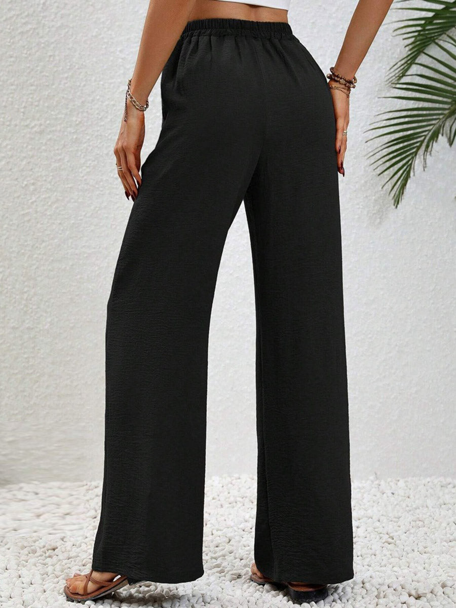 High Waisted Loose Elasticity Pleated Solid Color Tied Waist Pants Trousers