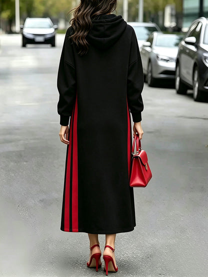 Flower Print Drawstring Contrast Color Long Sleeves H-line Hooded Midi Dresses