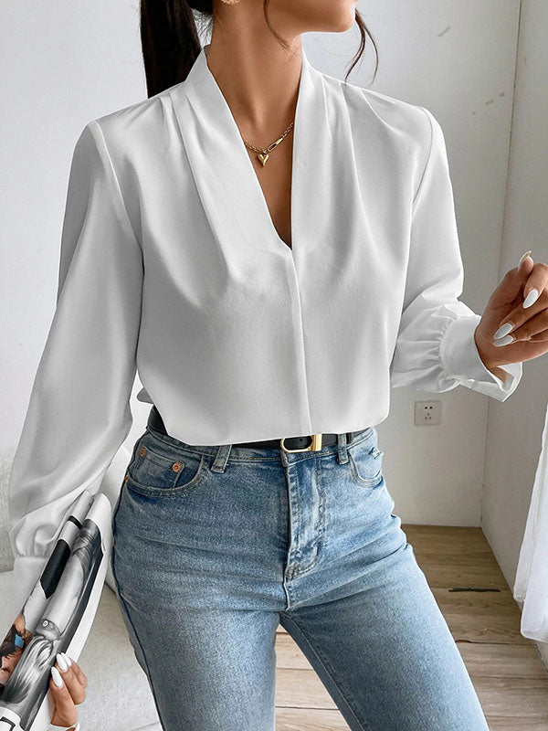 Long Sleeves Loose Pleated Solid Color Split-Joint V-Neck Blouses&Shirts Tops WHITE