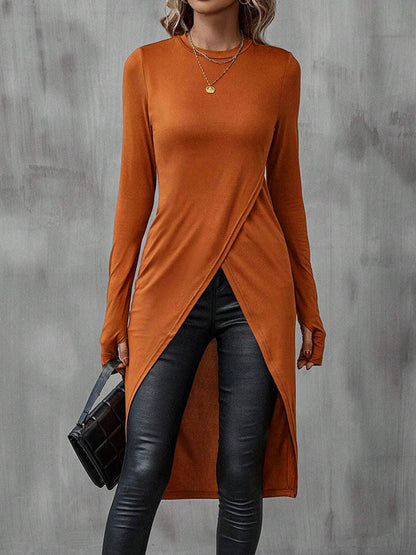 High-Low Long Sleeves Solid Color Split-Joint Round-Neck T-Shirts Tops