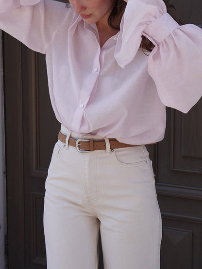 Loose Puff Sleeves Pleated Solid Color Split-Joint Lapel Blouses&Shirts Tops